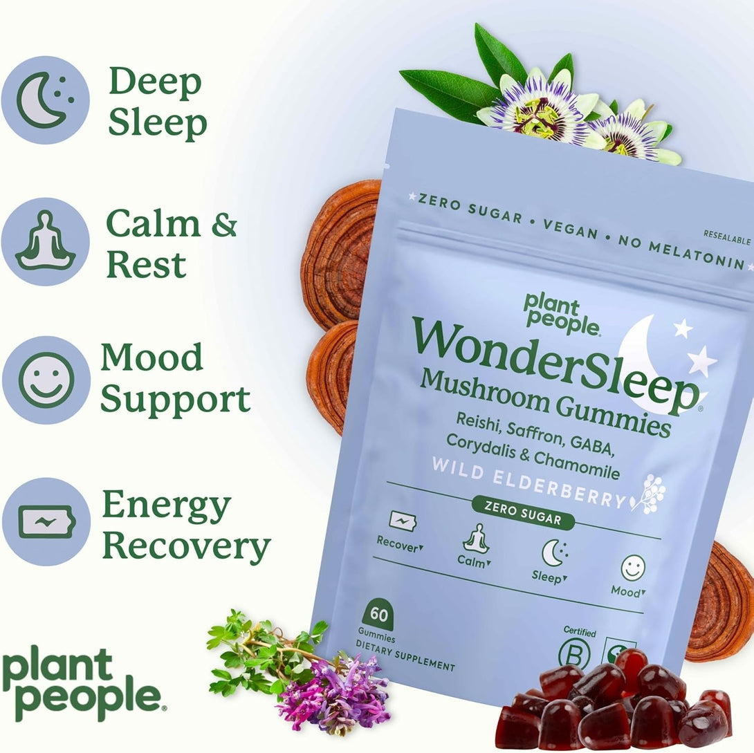 Plant People Wondersleep Mushroom Gummies Supplement for Sleep and Relaxation with Reishi Super Mushrooms, Wild Elderberry Flavor, No Sugar (60 Count)
