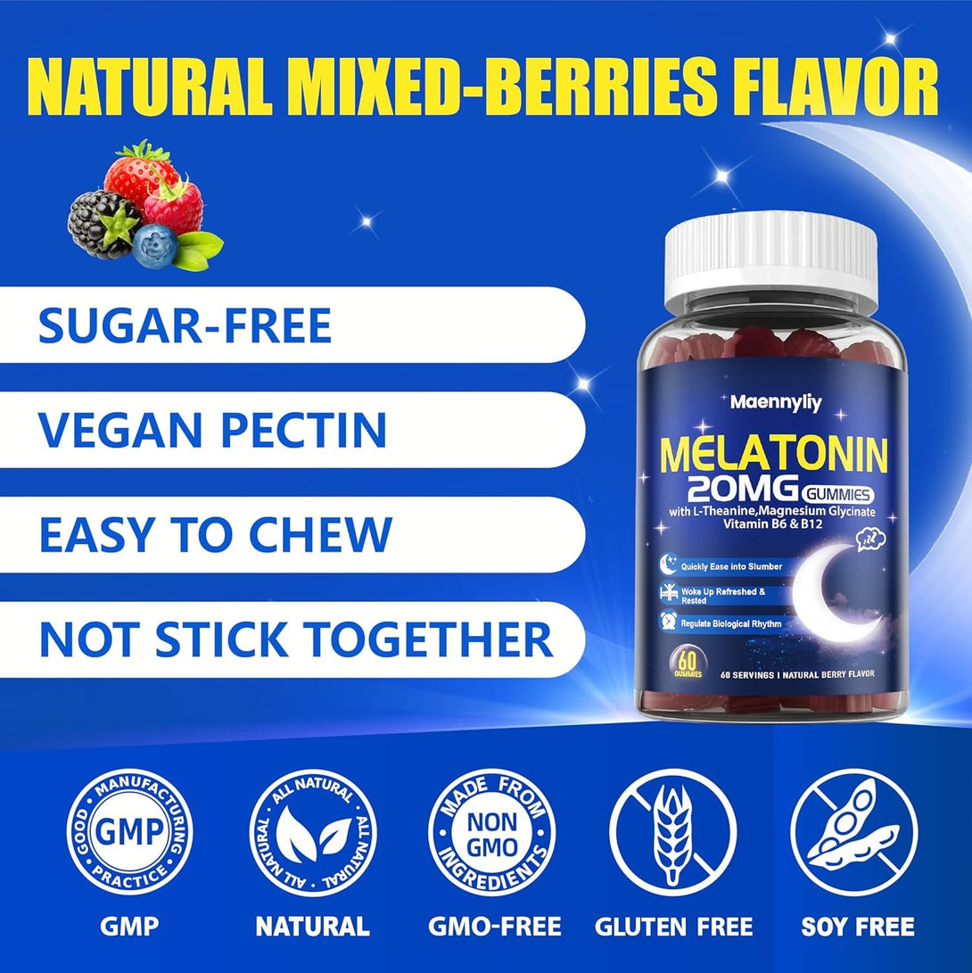 Melatonin 20Mg Gummies for Adults - Sugar Free Melatonin Gummies Extra Strength with L-Theanine, Magnesium, Ashwagandha, Turmeric, D3 & Zinc - Non-Habit Forming