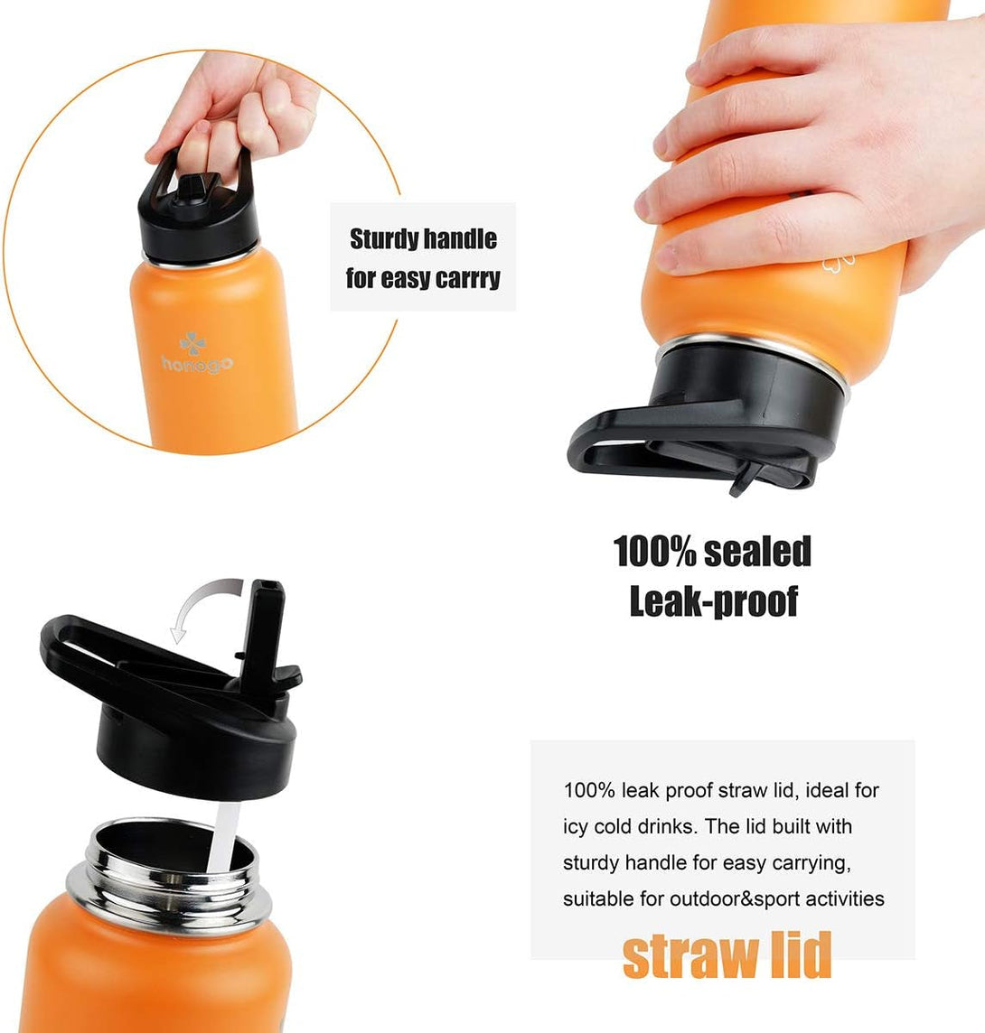 32 Oz Powder Coated Double Wall Vacuum Insulated Sports Water Bottle, 18/8 Stainless Steel Wide Mouth Thermal Flask with Straw Lid & Spout Lid, Leak Proof, Sweat Free, BPA Free (Orange, 32 Oz)