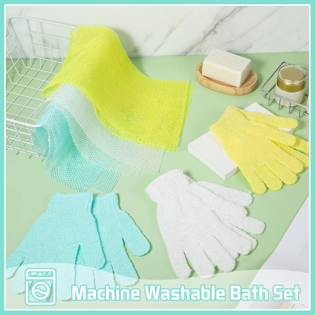 6 Pack African Net Sponge Exfoliating Glove Set, 3 Bath Sponge Body Scrubber Back Scrubber and 3 Pairs Exfoliating Gloves for Shower