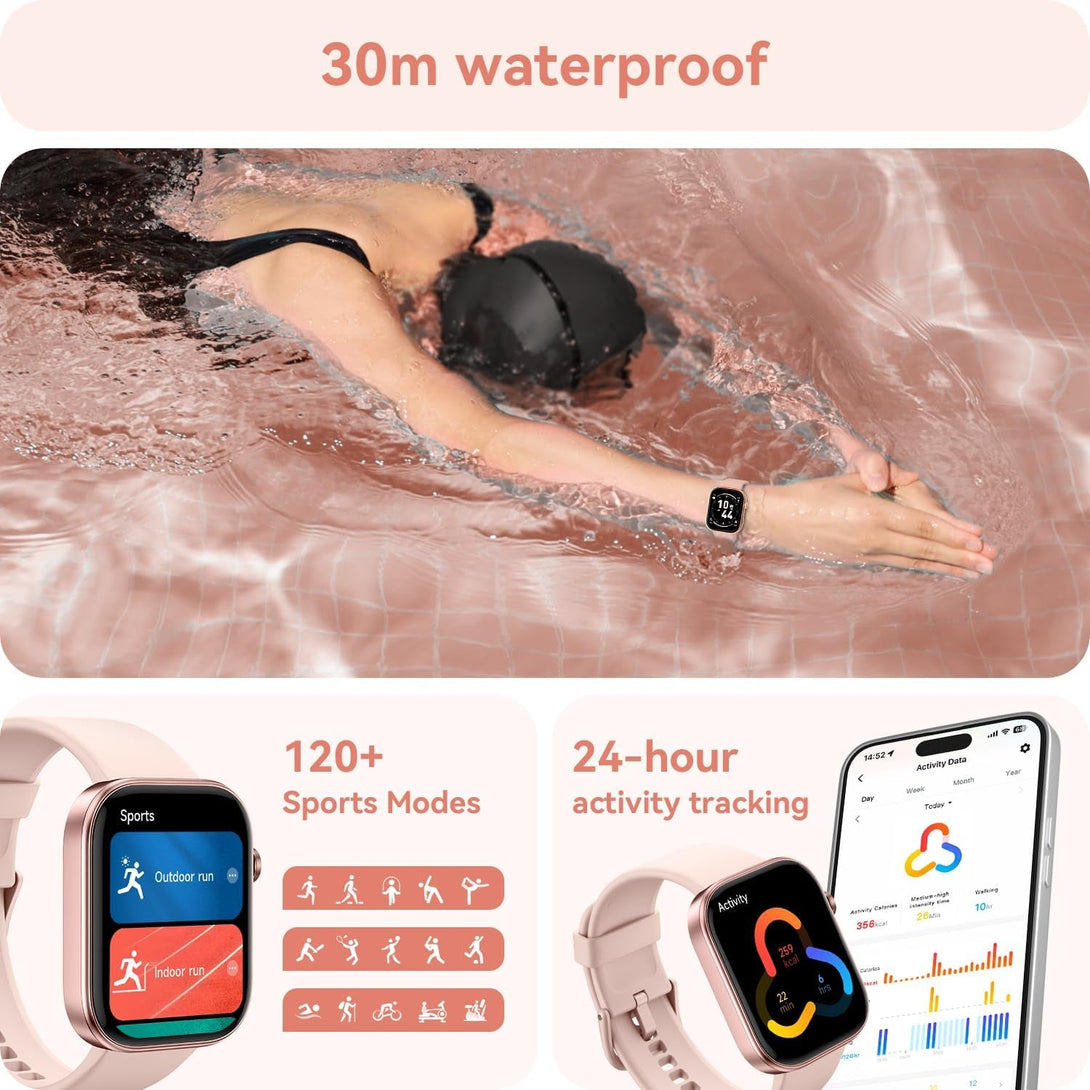 ENOMIR Smart Watch for Women Iphone & Android,1.99"" AMOLDE Screen 3ATM Waterproof Fitness Watch with Answer/Make Call AI Voice,24H-Heart Rate/Spo2/Bp Monitor/Sleep Monitor,100+ Sports Modes, Pink