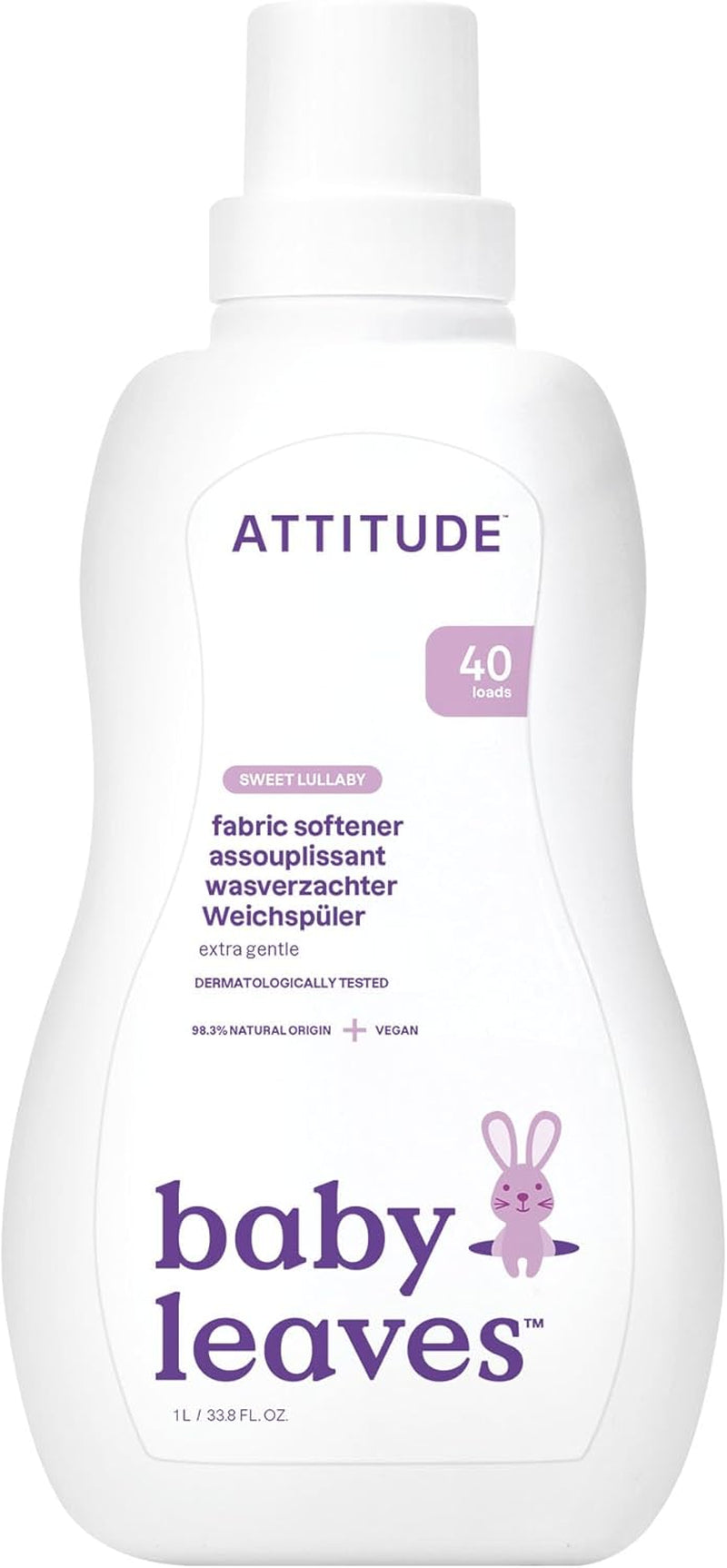 ATTITUDE Baby Fabric Softener, Plant and Mineral-Based Ingredients, HE Compatible, Vegan and Cruelty-Free Laundry and Household Products, Sweet Lullaby, 40 Loads, 33.8 Fl Oz