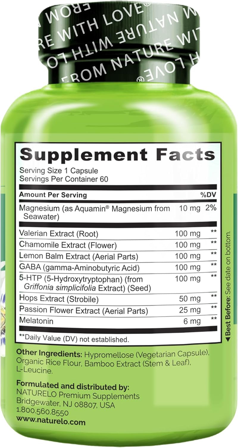 NATURELO Sleep Aid - with Melatonin, Magnesium, GABA, Valerian Root, Lemon Balm, Chamomile Herbal Extracts - Plant-Based Sleeping Aid - 60 Vegan Capsules