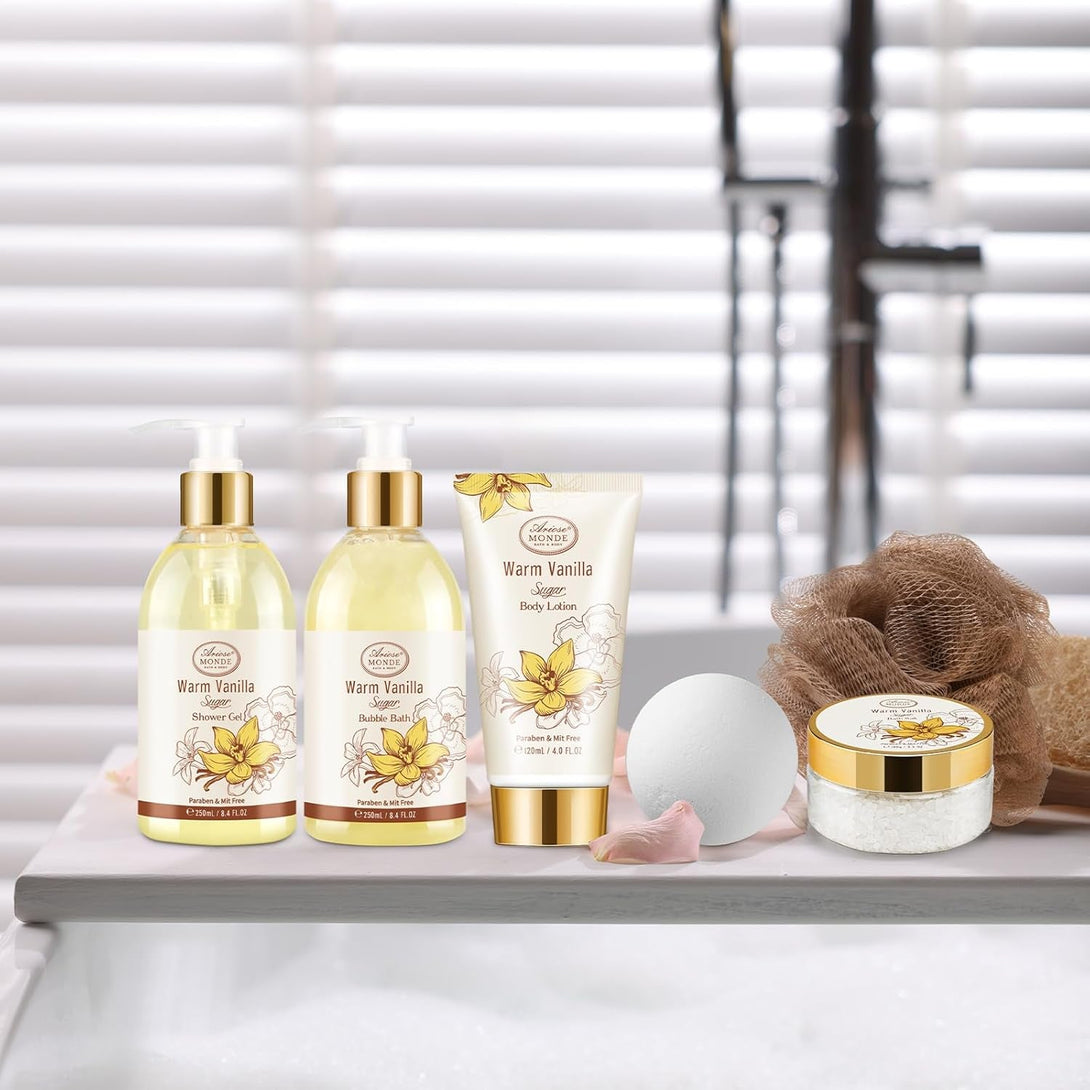 Bath and Body Warm Vanilla Sugar Spa Gifts for Women, with Shower Gel, Bubble Bath, Body Lotion, Bath Bomb, Bath Salt, Spa Basket Gift Set for Women, 7Pcs Set Gifts