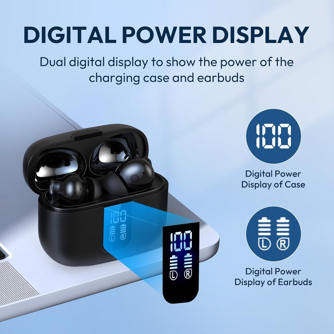 Earbuds Wireless Bluetooth Ear Buds 60H Playback LED Power Display Headphone Wireless Bluetooth IPX5 Waterproof In-Ear Earbuds with Mic for TV Smart Phone Laptop Computer Sports (Black)