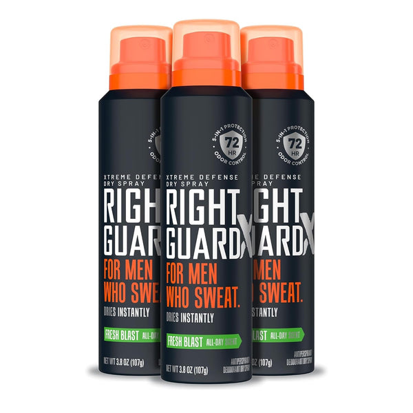 Right Guard Xtreme Defense Antiperspirant & Deodorant Spray | 5-In-1 Protection Dry Spray Deodorant for Men | Blocks Sweat 2X Longer | 72-Hour Odor Control | Fresh Blast Scent, 3.8 Oz. (3 Count)