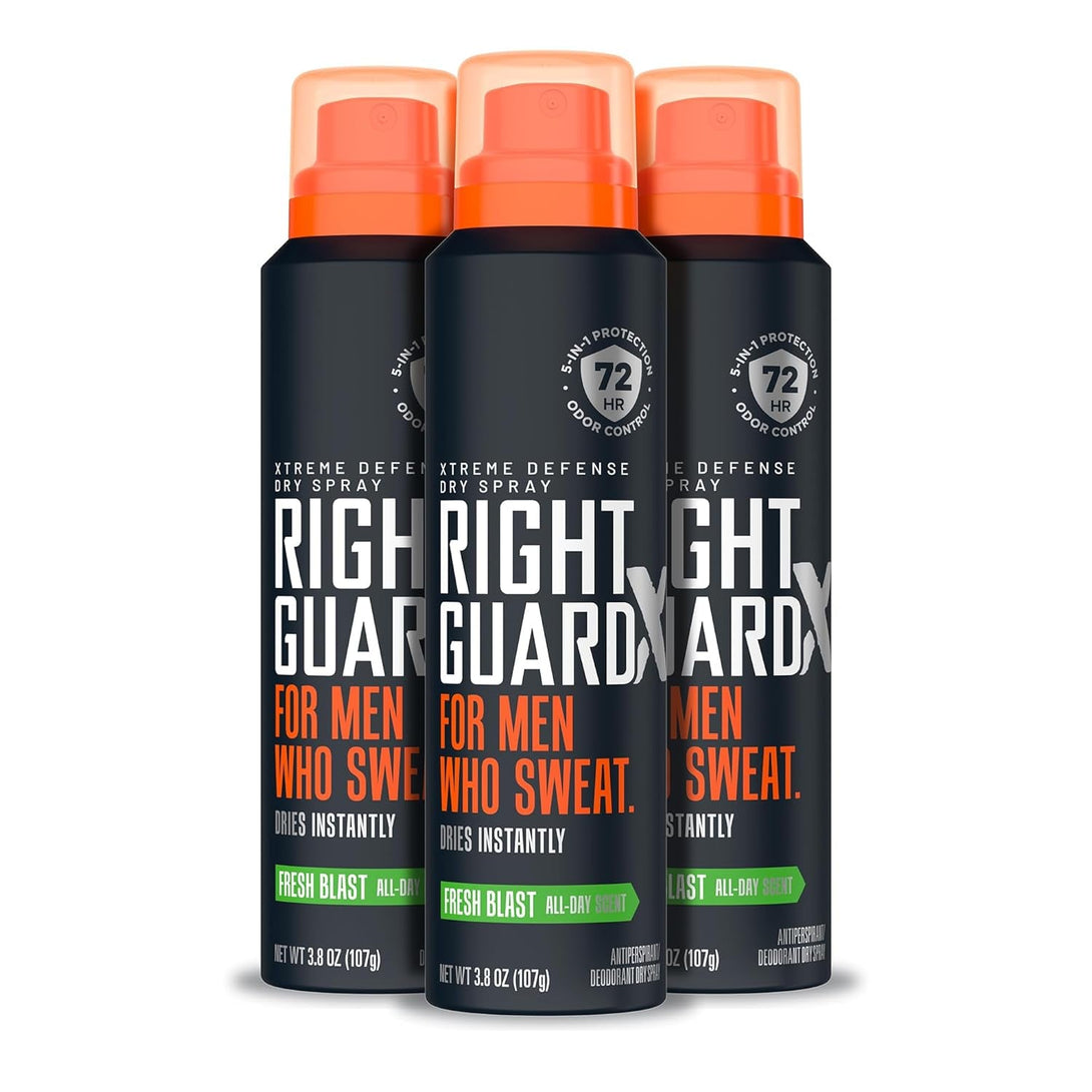 Right Guard Xtreme Defense Antiperspirant & Deodorant Spray | 5-In-1 Protection Dry Spray Deodorant for Men | Blocks Sweat 2X Longer | 72-Hour Odor Control | Fresh Blast Scent, 3.8 Oz. (3 Count)