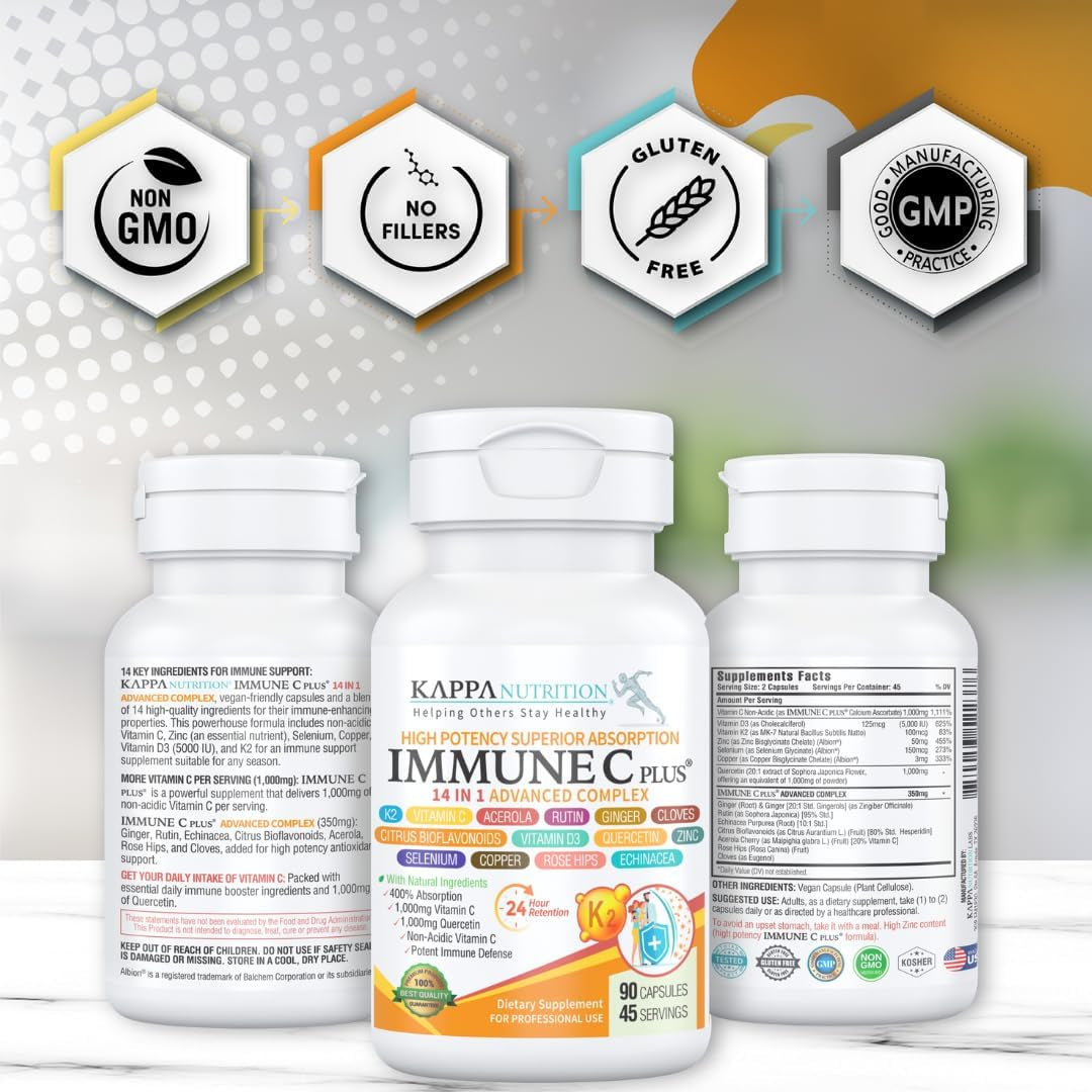 Quercetin 1,000Mg, Vitamin C 1,000Mg, Zinc 50Mg, Vitamin D3 5,000Iu, Selenium, Copper, Acerola, Ginger, Rutin, Bitter Orange, Rose Hips, Echinacea, Immune C Plus, 14 in 1 Immune C plus (90 Count)