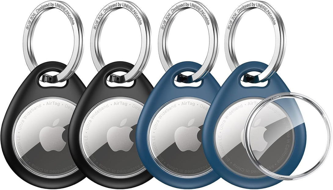 Unbreakcable Holder for Apple Airtag - 4 Pack [Fit Tightly Design] [Easy to Install] [Hold Air Tag Securely] Waterproof TPU Protective Case with 304 Stainless Steel Keychain Key Ring, Black+Blue
