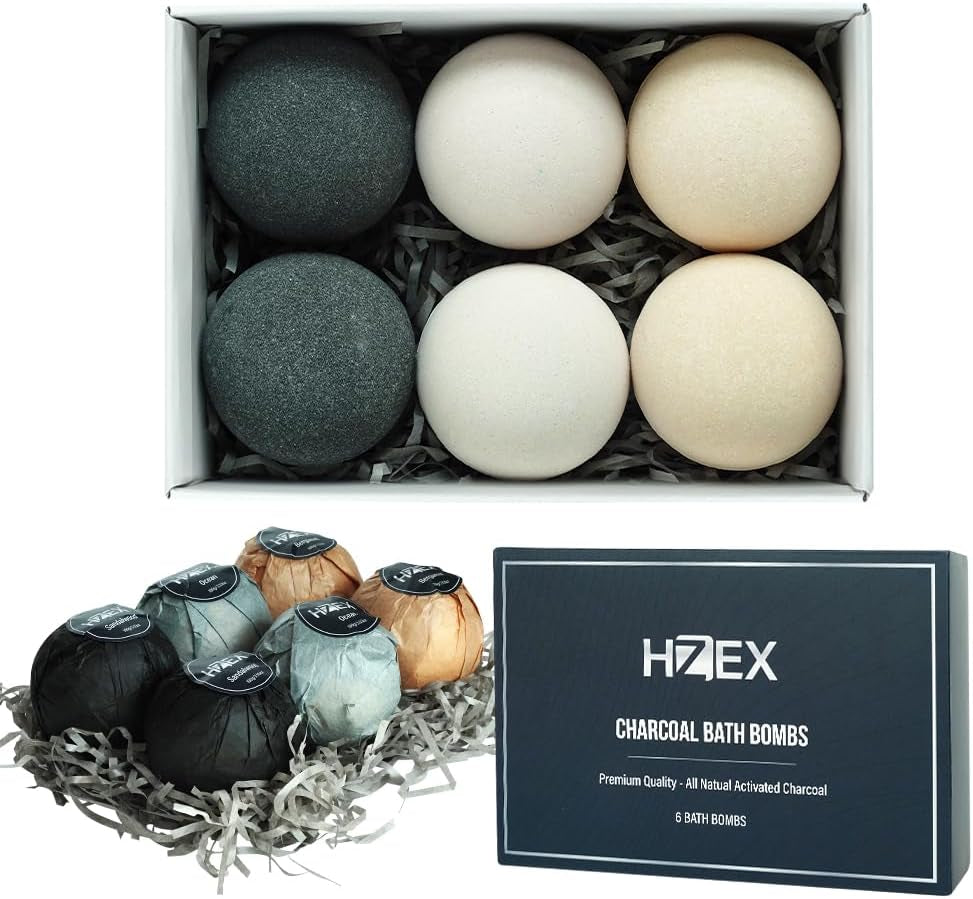 Bath Bombs, HZEX 6 Large Natural Luxury Charcoal Bathbomb Fizzes for Men Women, Organic Bath Bomb with Essential Oils and Shea Butter, Stress Relief and Relaxation, Detox with Charcoal Bathbombs