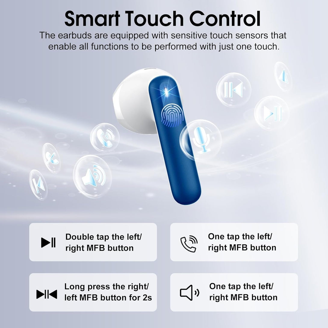 Wireless Earbuds, 2025 Bluetooth 5.4 Headphones in Ear Buds 3D Bass Stereo, 40H Ultralight Bluetooth Earbuds with 4 ENC Noise Cancelling Mic, USB-C, IP7 Waterproof Earphones for Android Ios Pad, Blue