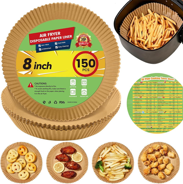 Air Fryer Paper Liners Disposable: 150Pcs 8 Inch Special round Liners for Air Fryer, Grease and Water Proof Non Stick Basket Parchment Paper