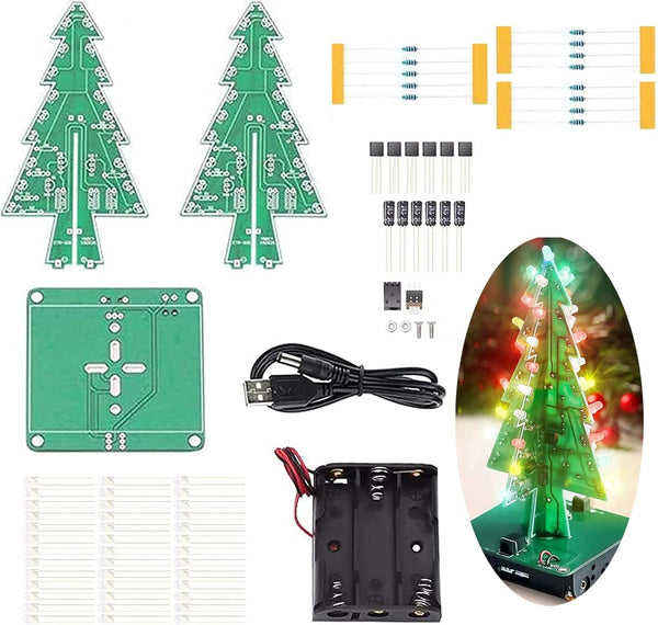 3D Xmas Christmas Tree DIY Model Assemble Kit with 7 Color Flashing RGB LED Circuit Funny Electronic Science Experiment Kit STEM Project PCB Board for Student Teens Soldering Practice Learning