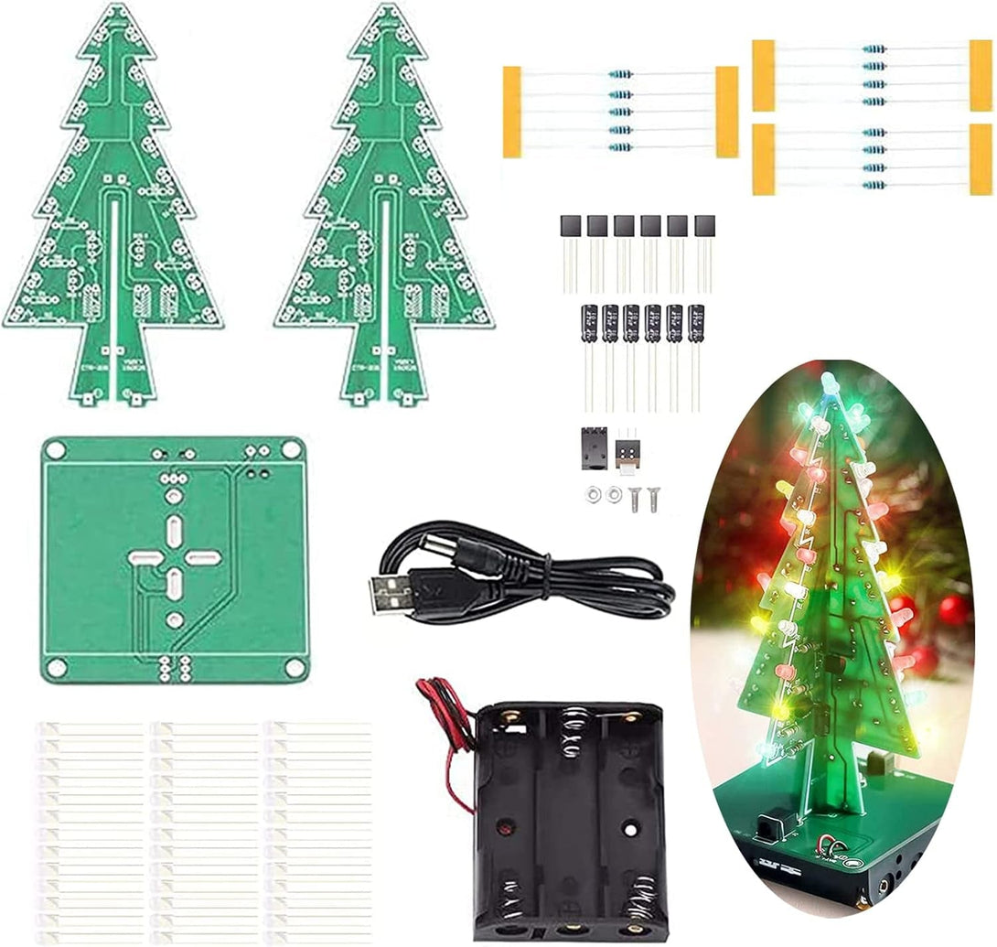 3D Xmas Christmas Tree DIY Model Assemble Kit with 7 Color Flashing RGB LED Circuit Funny Electronic Science Experiment Kit STEM Project PCB Board for Student Teens Soldering Practice Learning