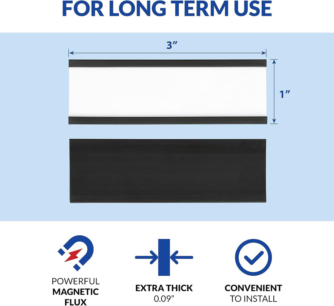 50 Pack "C" Channel Magnetic Label Holders 1X3 with 100 White Card Inserts, 50 Clear Plastic Protectors and Bonus 20 Colorful Cardstock Inserts in Blue, Green, Yellow and Red - Double-Sided Cards