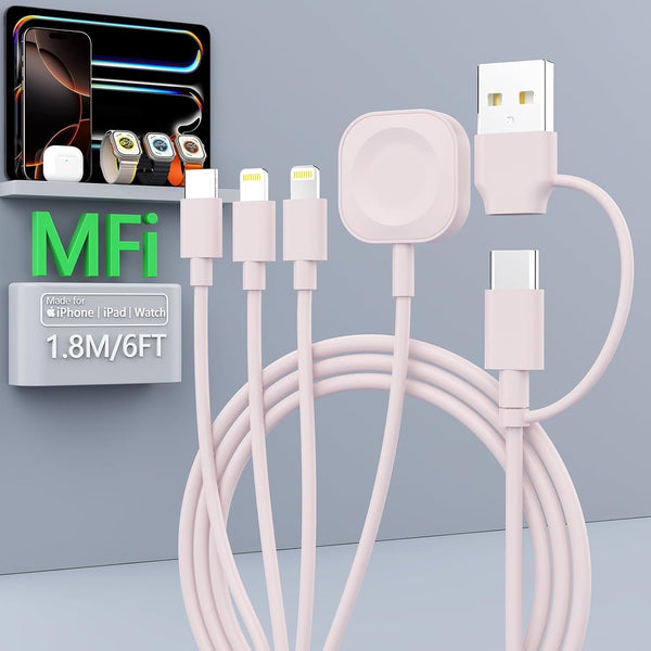 4 in 2 Travel Multi Charging Cable for Apple Watch Charger (6FT/1.8M), Universal Chargers for All Devices Travel Essentials Compatible with Apple Iphone Android Phone and Iwatch Ipad, Airpods(Pink)