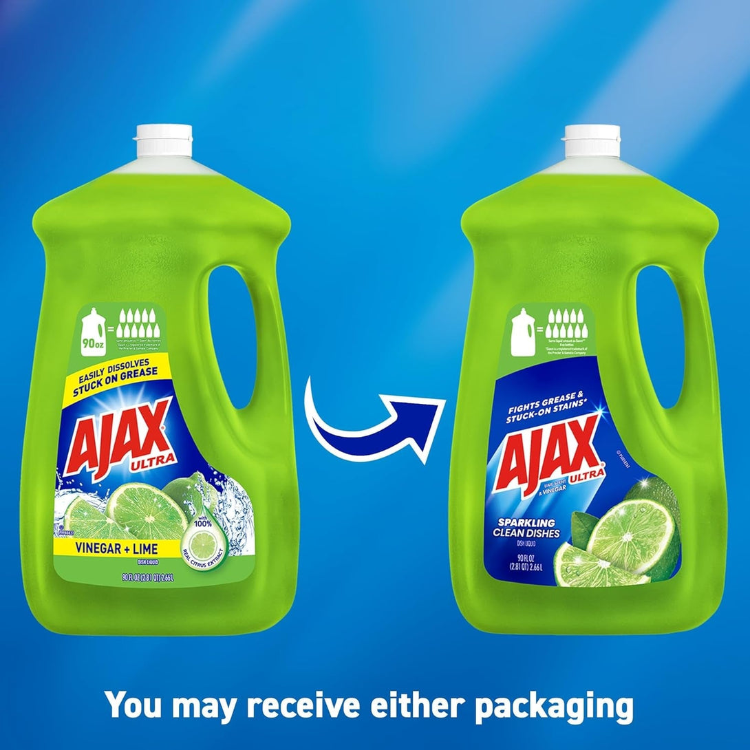 Ajax Ultra Liquid Dish Soap Vinegar and Lime Scent, Sparkling Clean Dishes, 90 Fl Oz Bottle