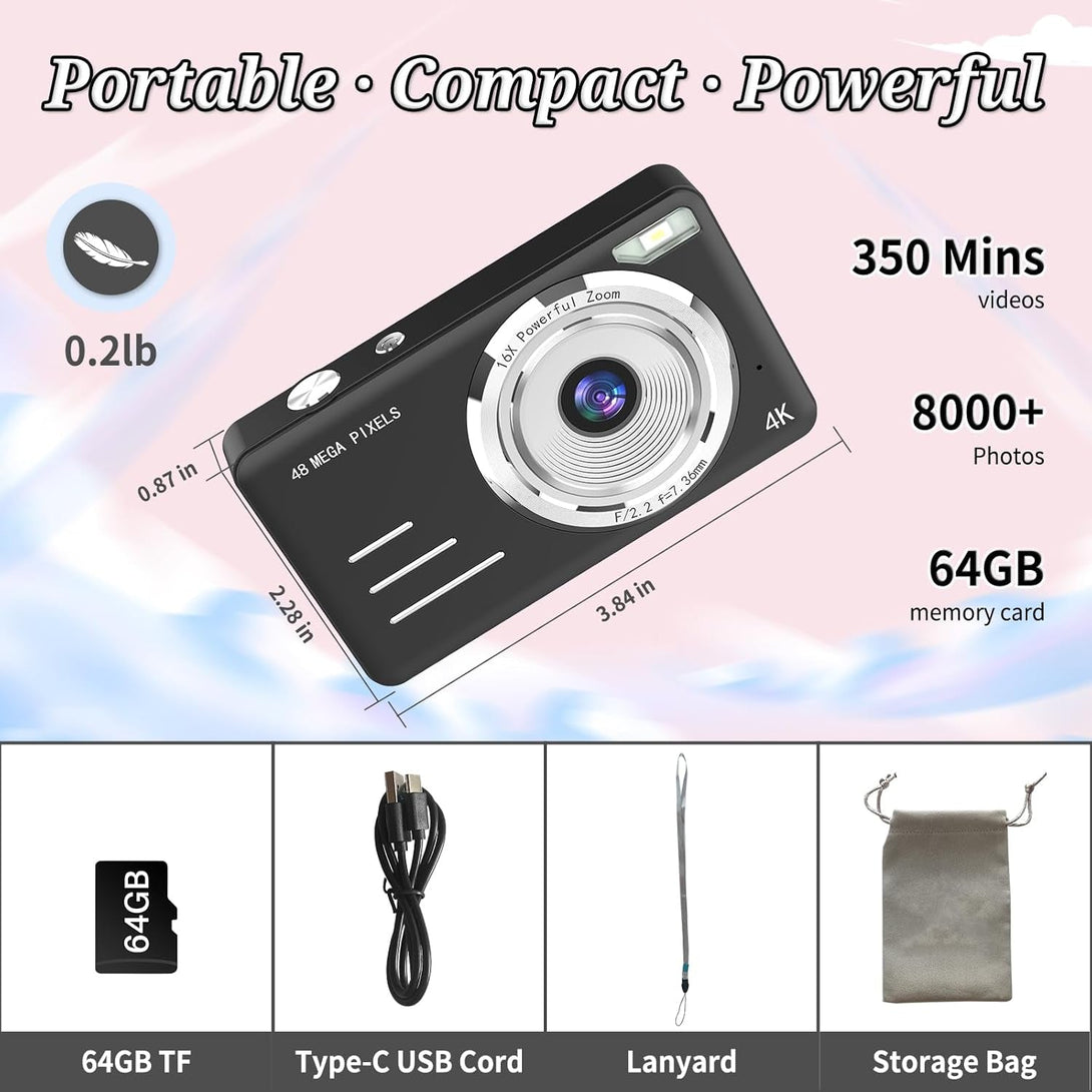 Digital Camera, FHD 1080P Kids Camera, 48MP Point and Shoot Digital Cameras with a 64GB Card, 16X Zoom, anti Shake, Compact Small Camera for Kids Gifts for Teens Girls Boys