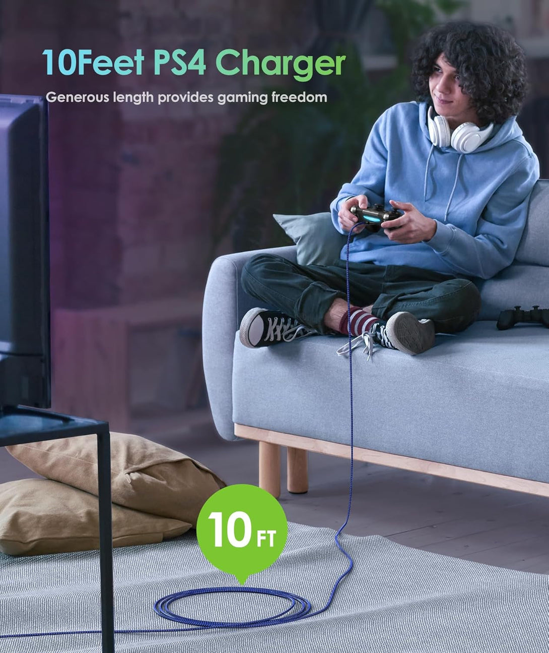 6Amlifestyle PS4 Controller Charger Charging Cable, 2 Pack 10Ft Extra Long Micro USB 2.0 Cable, Nylon Braided Cord, for PS4, PS4 Slim/Pro, Xbox One S/X Controller, Android Phones, Black+Blue