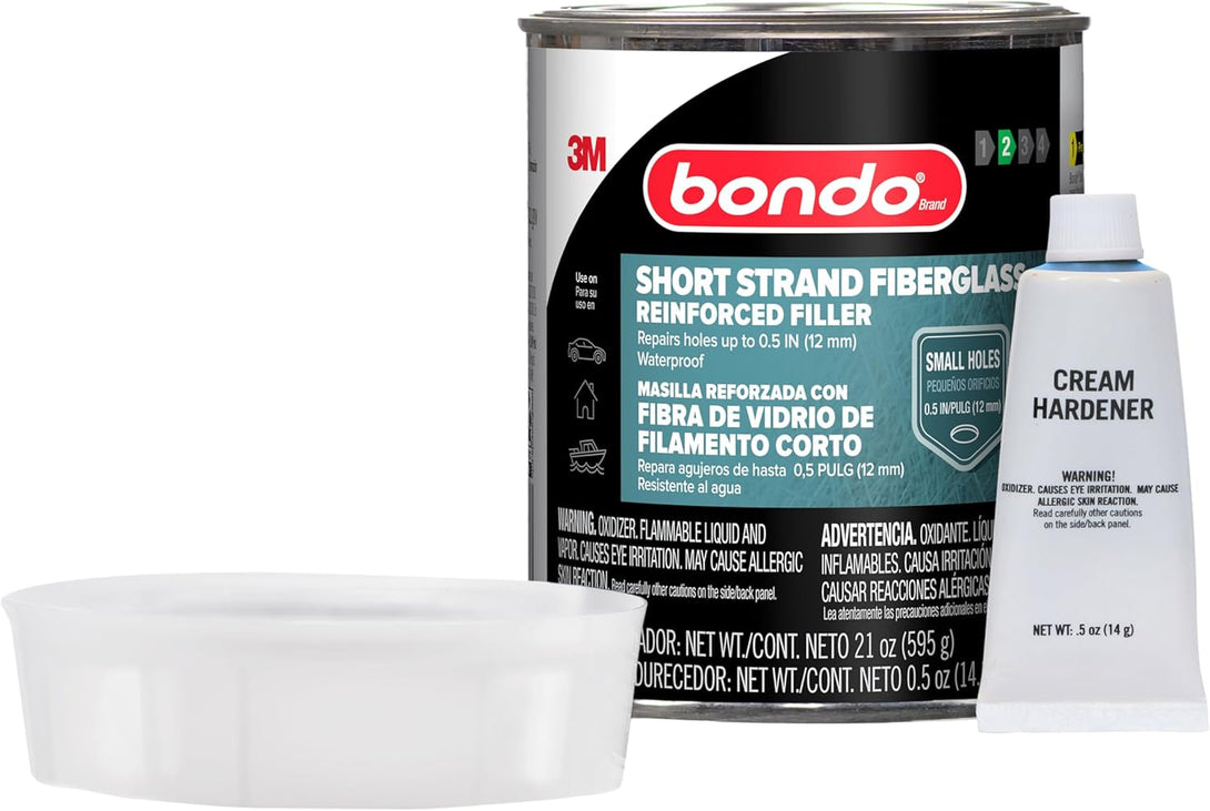 3M Bondo Short Strand Fiberglass Reinforced Filler 21 Oz (595.34 G) with Bondo Cream Hardener 0.5 Oz (14G), Repair Holes up to 0.5 IN, Waterproof (SS-PT-ES)