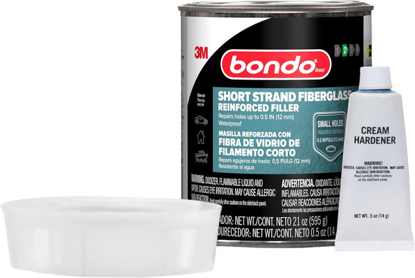 3M Bondo Short Strand Fiberglass Reinforced Filler 21 Oz (595.34 G) with Bondo Cream Hardener 0.5 Oz (14G), Repair Holes up to 0.5 IN, Waterproof (SS-PT-ES)