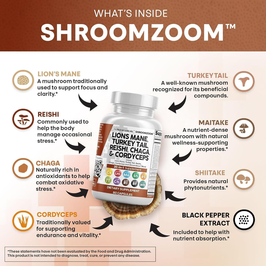 Clean Nutraceuticals Lions Mane 20In1 Mushroom Supplement with Turkey Tail Reishi Cordyceps Chaga Maitake Meshima Poria Cocos Shiitake Oyster Porcini Enoki - Pack