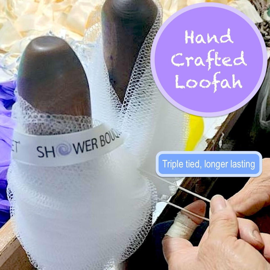 SHOWER BOUQUET Loofah-Charcoal Back-Scrubber & Bath-Sponge Set // 1 Long-Handle-Back-Brush plus 2 Extra Large 75G Soft Mesh Loofa-Lufa-Loufa Puff Poufs, Men & Women - Exfoliate with Full Pure Cleanse