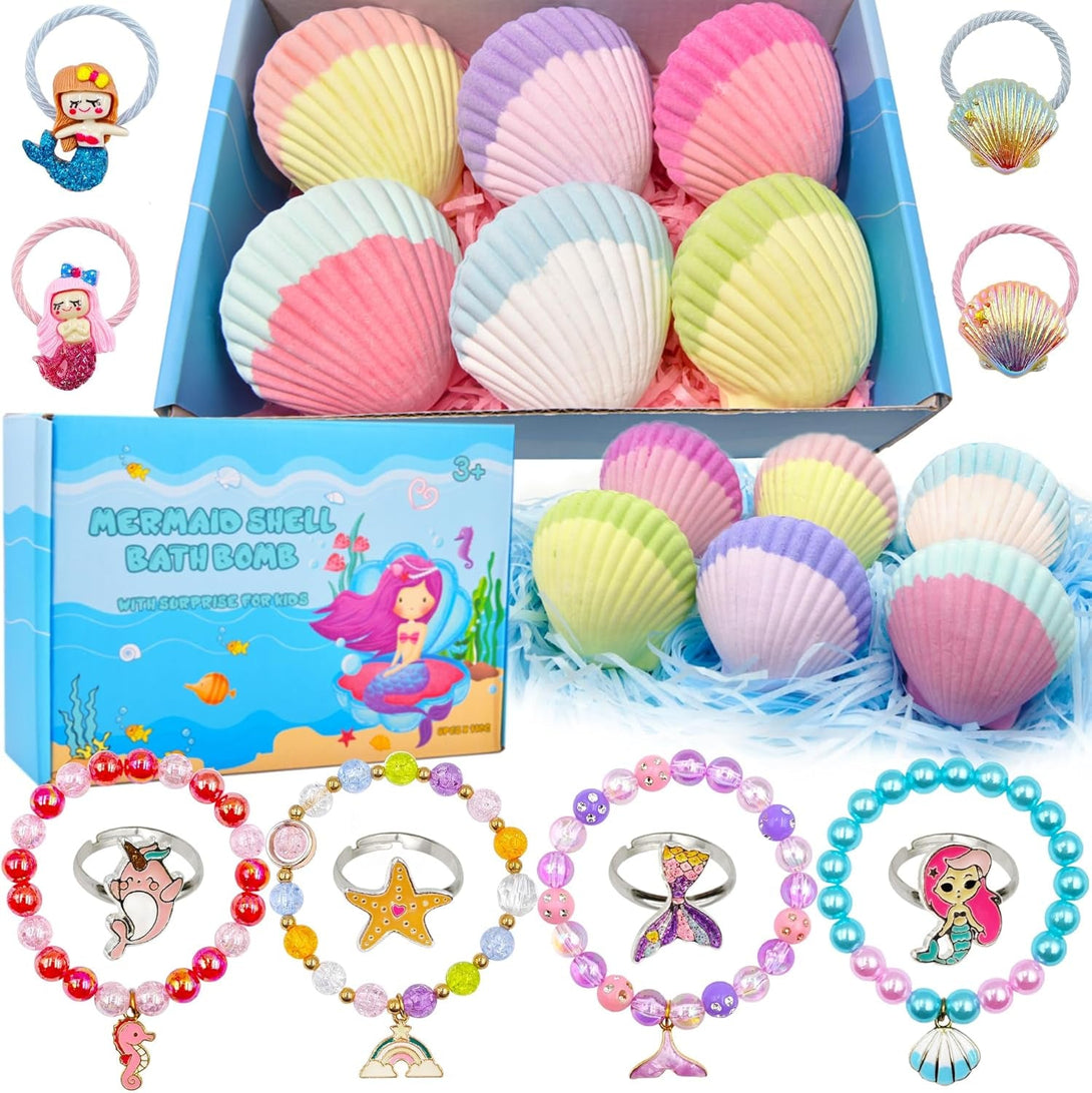 Mermaid Bath Bombs for Kids Girls with Surprise Inside, 6 Pcs Natural Fizzy Princess Fun Shell Bubble Bath Bomb Kit with Jewelry Toys, Christmas Easter Basket Stuffer Valentines Day Birthday Gift Set