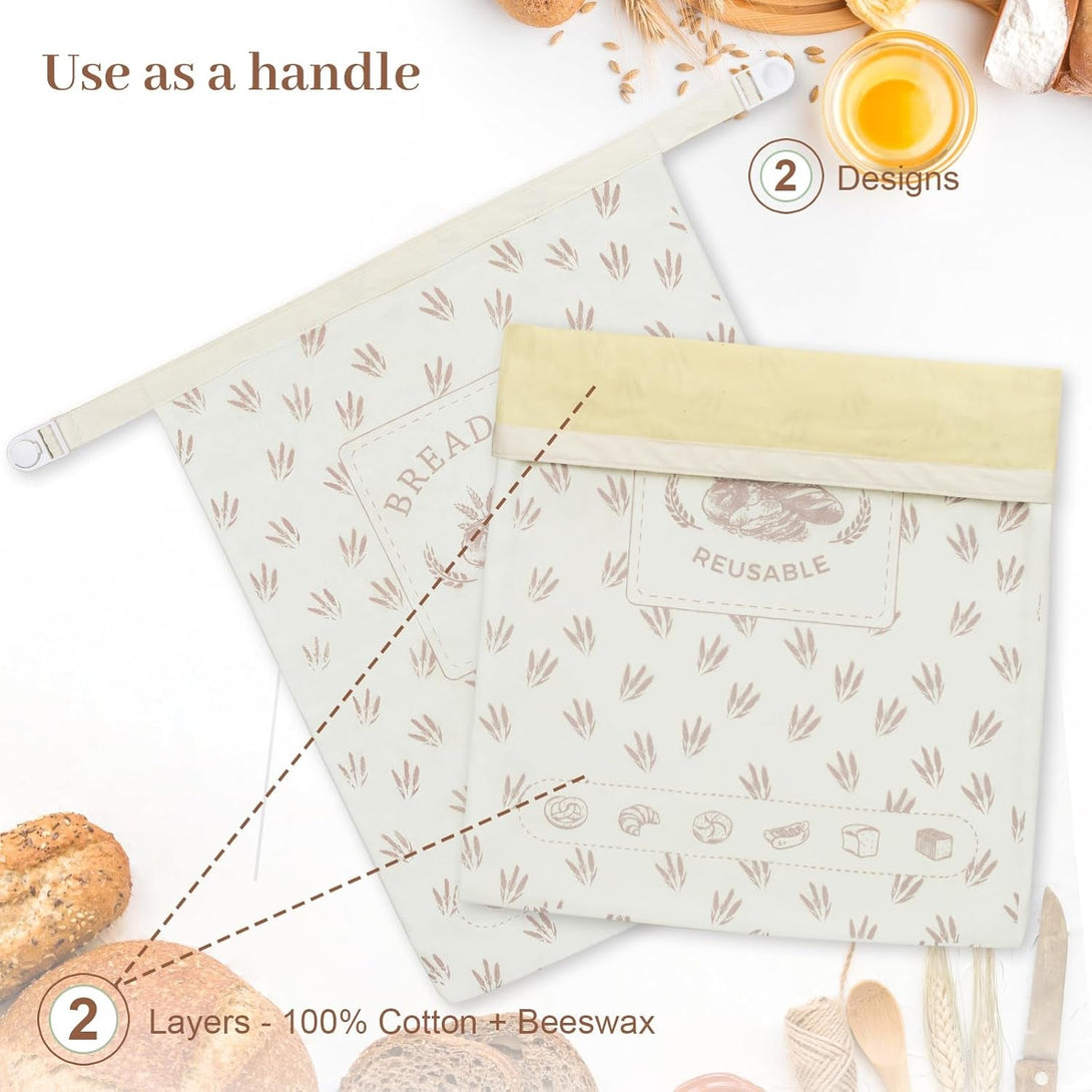 2 Pcs Reusable Beeswax Bread Bags with Cotton Bowl Cover, Containers for Homemade Bread, Cotton Beeswax Storage to Keep Fresh, Perfect Bags for Home-Baked