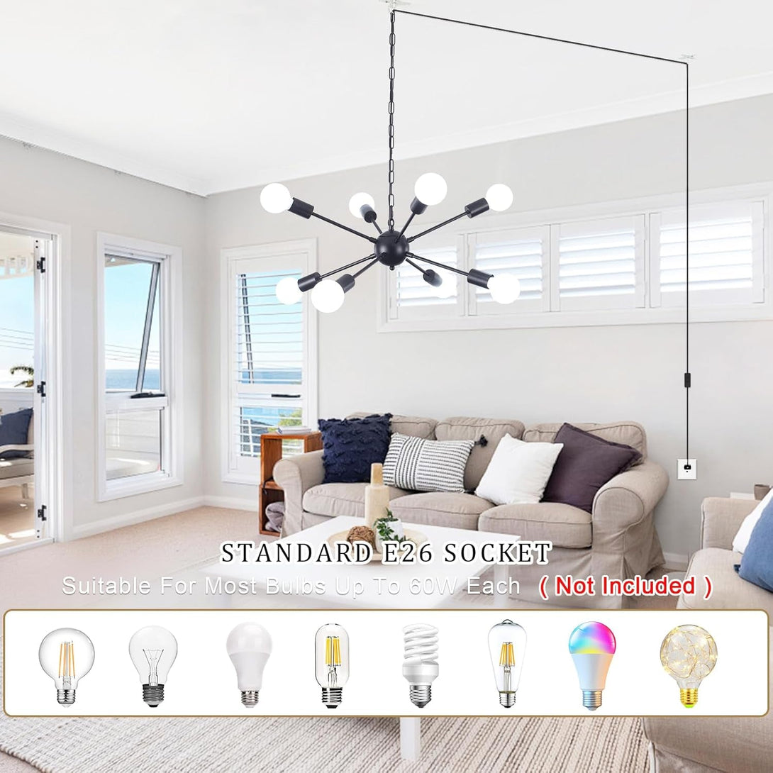 8 Lights Plug in Chandelier Sputnik Ceiling Light Fixture Black Hanging Lights with Plug in Cord 16.4Ft Sputnik Chandeliers for Dining Room Living Room Bedroom Foyer