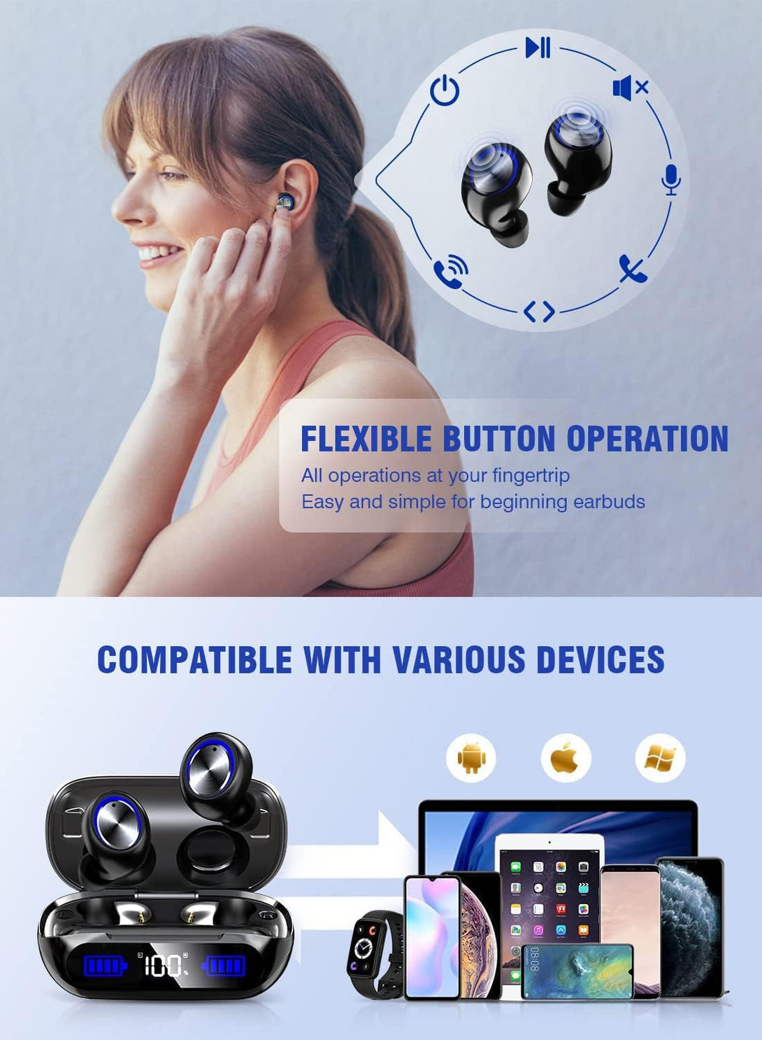 YIPUT Wireless Earbuds Bluetooth 5.3 Headphones 200 Hours Playtime with 2000Mah Charg Case,In Ear Headest Ip7Waterproof Noise Cancelling Built-In Mic,Premiu Bass LCD Display,For Sports/Working/Study.