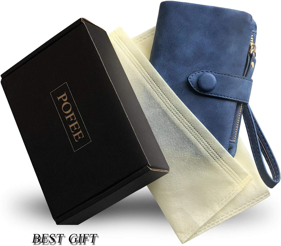 Pofeexio Womens Small Bifold Leather Wallets RFID Ladies Wristlet with Card Slots Id Window Zipper Coin Purse
