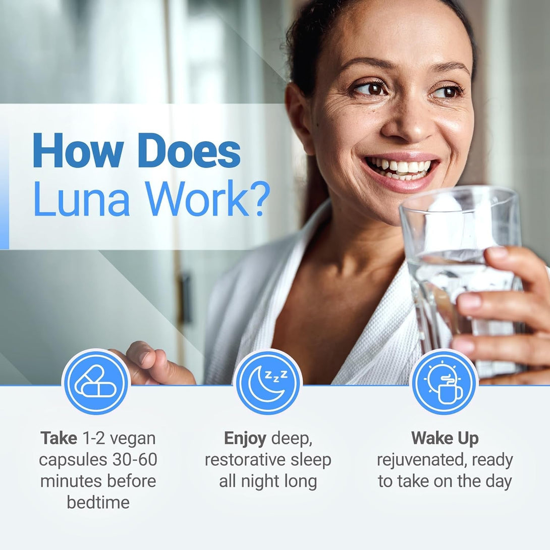 Nested Naturals Luna Sleep Supplement, Melatonin Free, Non-Habit Forming Herbal Sleep Supplement, Adult Bedtime Support, Help Sleeping W/Chamomile, Valerian, L-Theanine, 60 Vegan Capsules