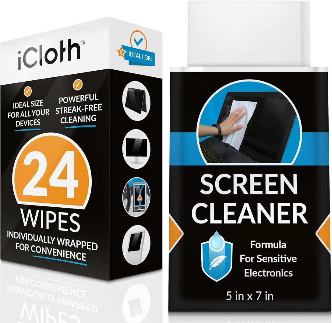 Icloth Large Screen Cleaning Wipes for Electronics, Lint-Free and Streak-Free, Fast-Drying, Removes Dust, Fingerprints, and Smudges (24 Wipes)