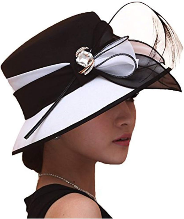 June'S Young Women Church Hats Formal Dress Derby Hats with Feather Elegant Bucket Hats (Black/White)
