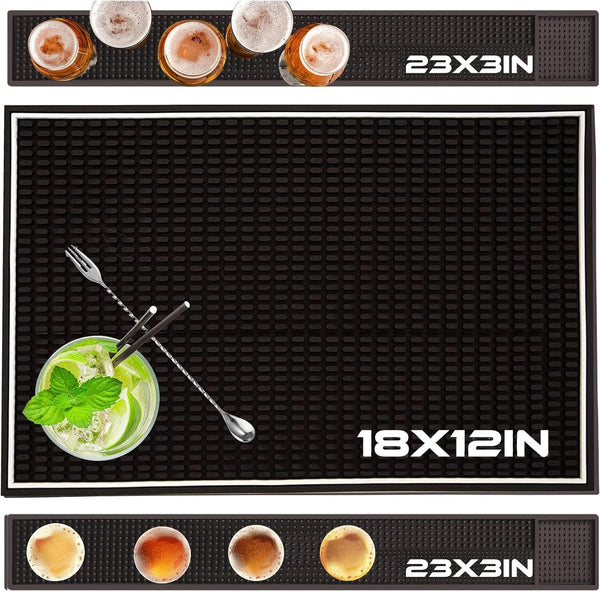 3 Pack Rubber Bar Mats, Spill Bar Mats for Bartending,Non-Slip Coffee Bar Mats for Countertop,Black Bar Mat for Home Bar,Kitchen, Restaurants(1Pc/18" X 12"+2Pc/24"X 3")