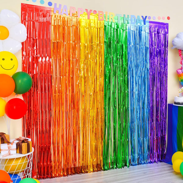 Lolstar Rainbow Foil Fringe Curtains, 2 Pack Rainbow Party Decorations 3.3X6.6Ft Tinsel Metallic Streamers Holiday Photo Booth Props Backdrop for Birthday Wedding Engagement Bridal Shower