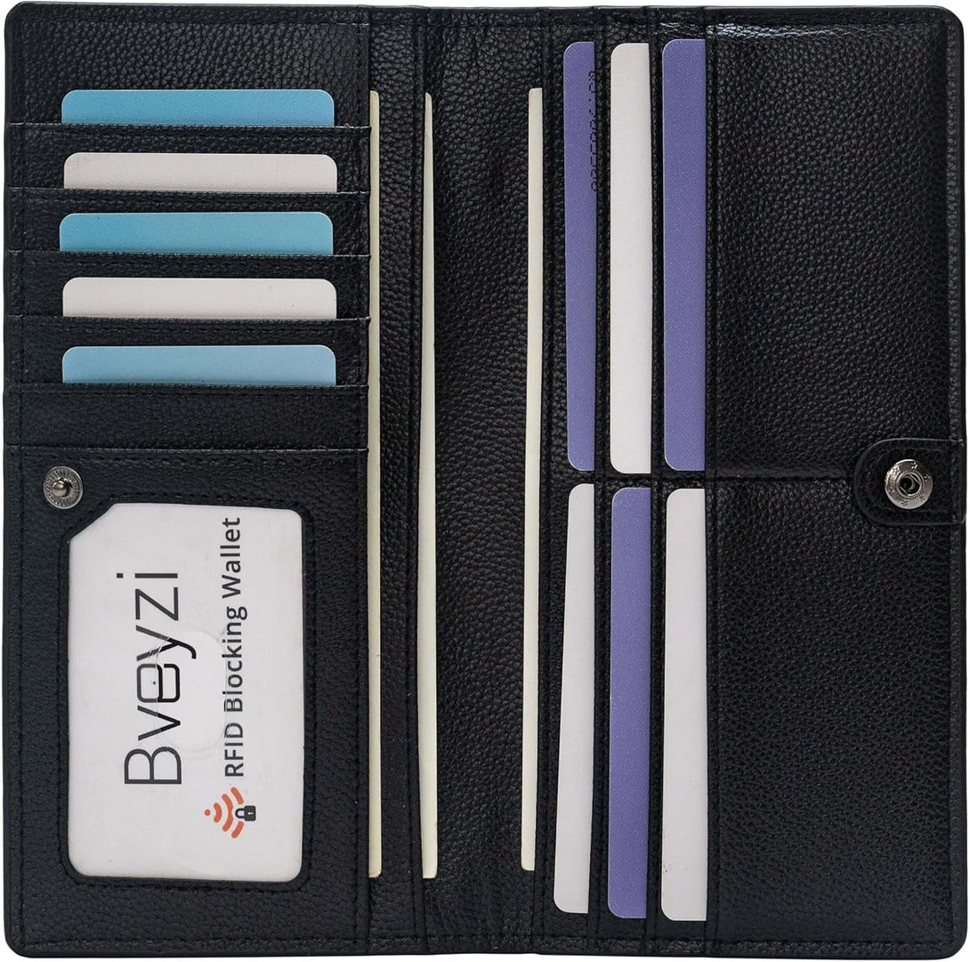 Bveyzi Ultra Slim Thin Leather RFID Blocking Credit Card Holder Bifold Clutch Wallets for Women