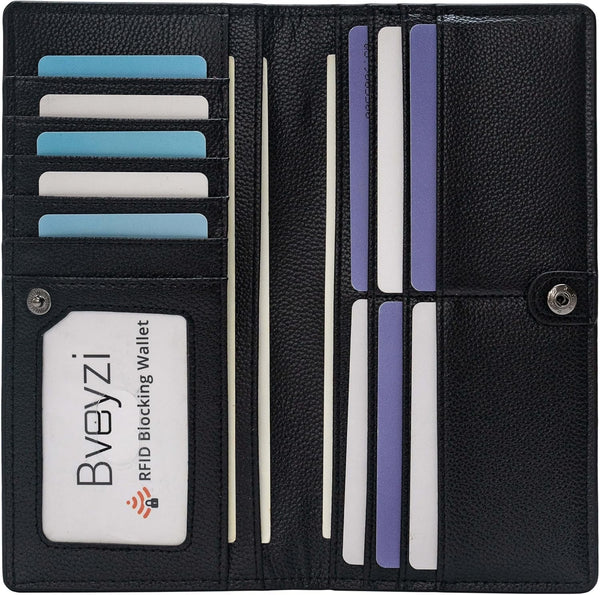 Bveyzi Ultra Slim Thin Leather RFID Blocking Credit Card Holder Bifold Clutch Wallets for Women