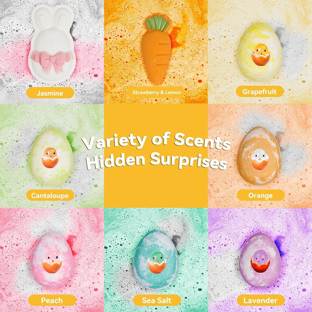 Easter Bath Bombs with Surprise Inside: 9 Pcs Natural Organic Egg Bunny Shaped Basket Stuffers for Kids Girls Boys Bubble Bathbombs Fruit Scented Spa Birthday Gift Set Party Favors Children Prize