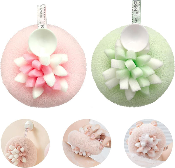Upgraded Bath Sponge with 3D Floral Design, 2-In-1 Exfoliator & Body Wash Ball, Silicone Suction Base for Shower Storage, Hypoallergenic (4 Colors) (Cherry Blossom Pink Fresh Green)