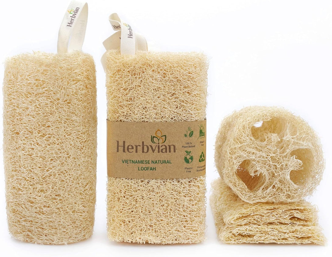 Natural Vietnamese Loofah Sponge, 100% Plant-Based Luffa Exfoliating Body Scrubber for Shower, Multi-Functional for Kitchen, Ideal for Men & Women, Spa & for Pet (Pack 4)