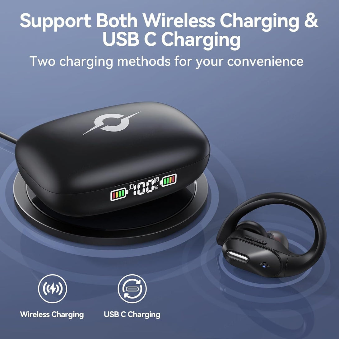 Bluetooth Headphones Wireless Earbuds Bass Stereo Sound with Wireless Charging Case 48H Playback Earphones LED Display with Built in Mic and over Earhooks Waterproof Headset for Running