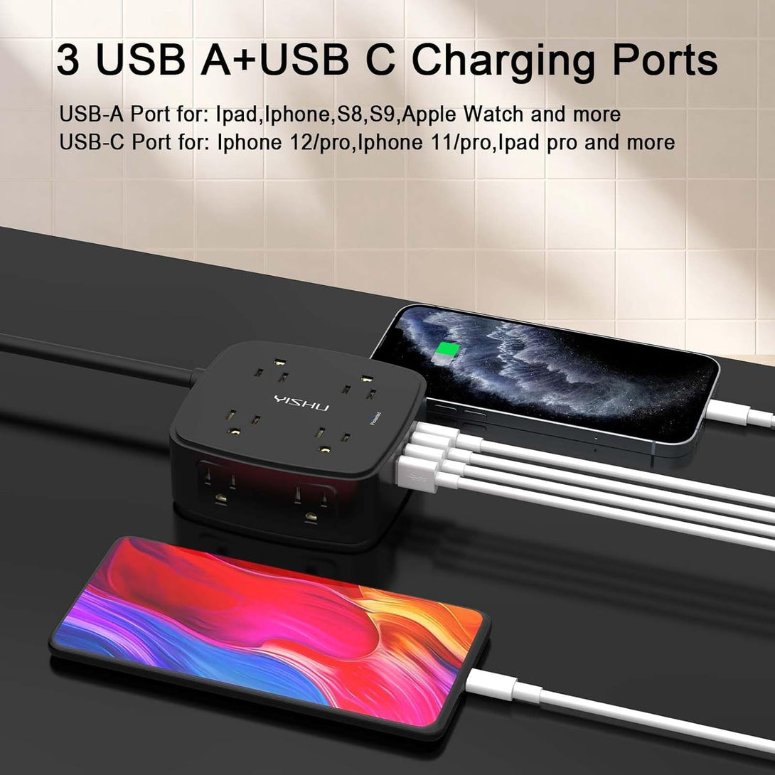 10 Ft Surge Protector Power Strip - 8 Widely Outlets with 4 USB Ports, 3 Side Outlet Extender with 10 Feet Extension Cord, Flat Plug, Wall Mount, Desk USB Charging Station, ETL, Black