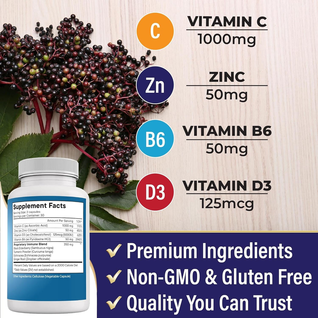NEW AGE 8 in 1 Immune Support Booster Supplement with Echinacea, Vitamin C and Zinc 50Mg, Vitamin D 5000 IU, Turmeric Curcumin & Ginger, B6, Elderberry 120 Count (Pack of 2)