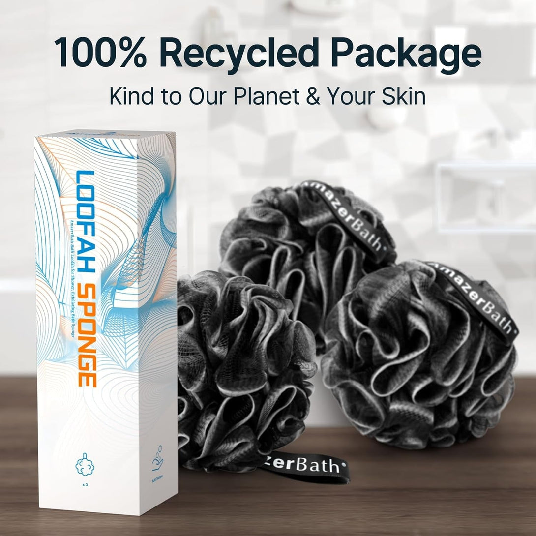 Amazerbath Loofah Sponge, Shower Loofah for Men and Women - Body Scrubber Loofa Set of 3 Classic Black & White Edge, Bath Sponge 60G/Pcs