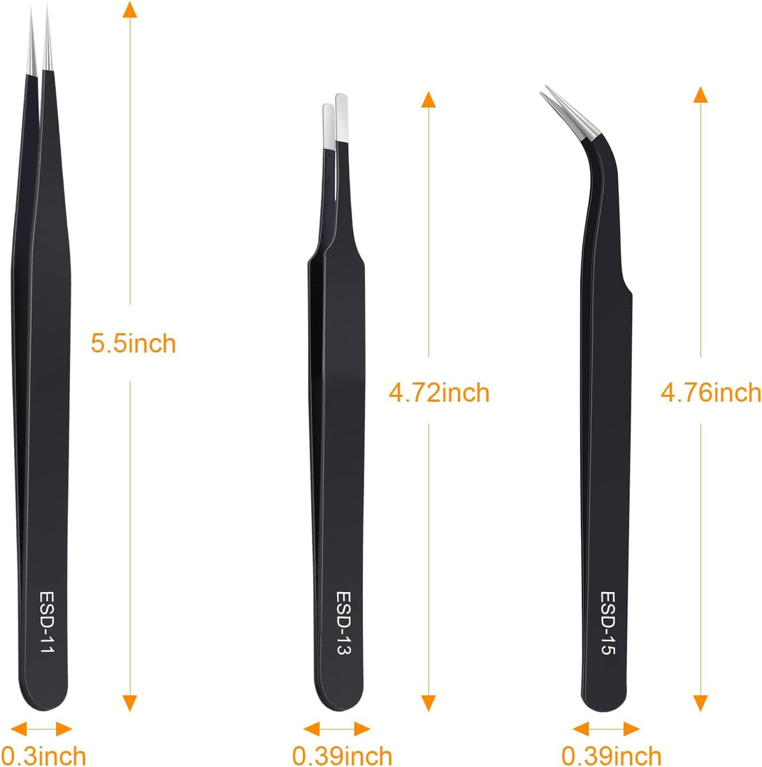 3PCS Precision Tweezers Set, Upgraded Anti-Static Stainless Steel of Tweezers, for Electronics, Soldering, Laboratory Work, Jewelry-Making, Model, Craft