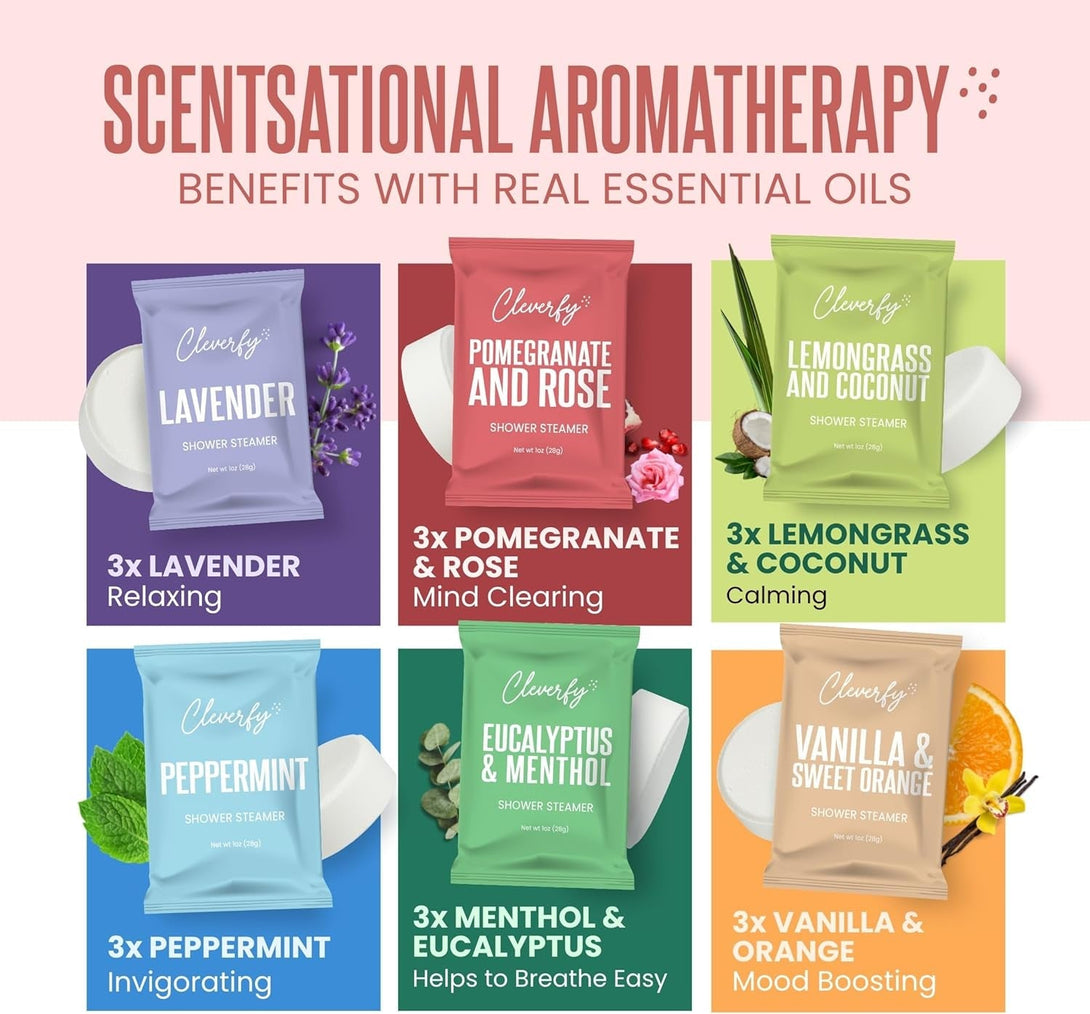 Cleverfy Shower Steamers Aromatherapy for Women and Men – Self-Care Shower Bombs for Stress Relief and Relaxation – 18 Tablets