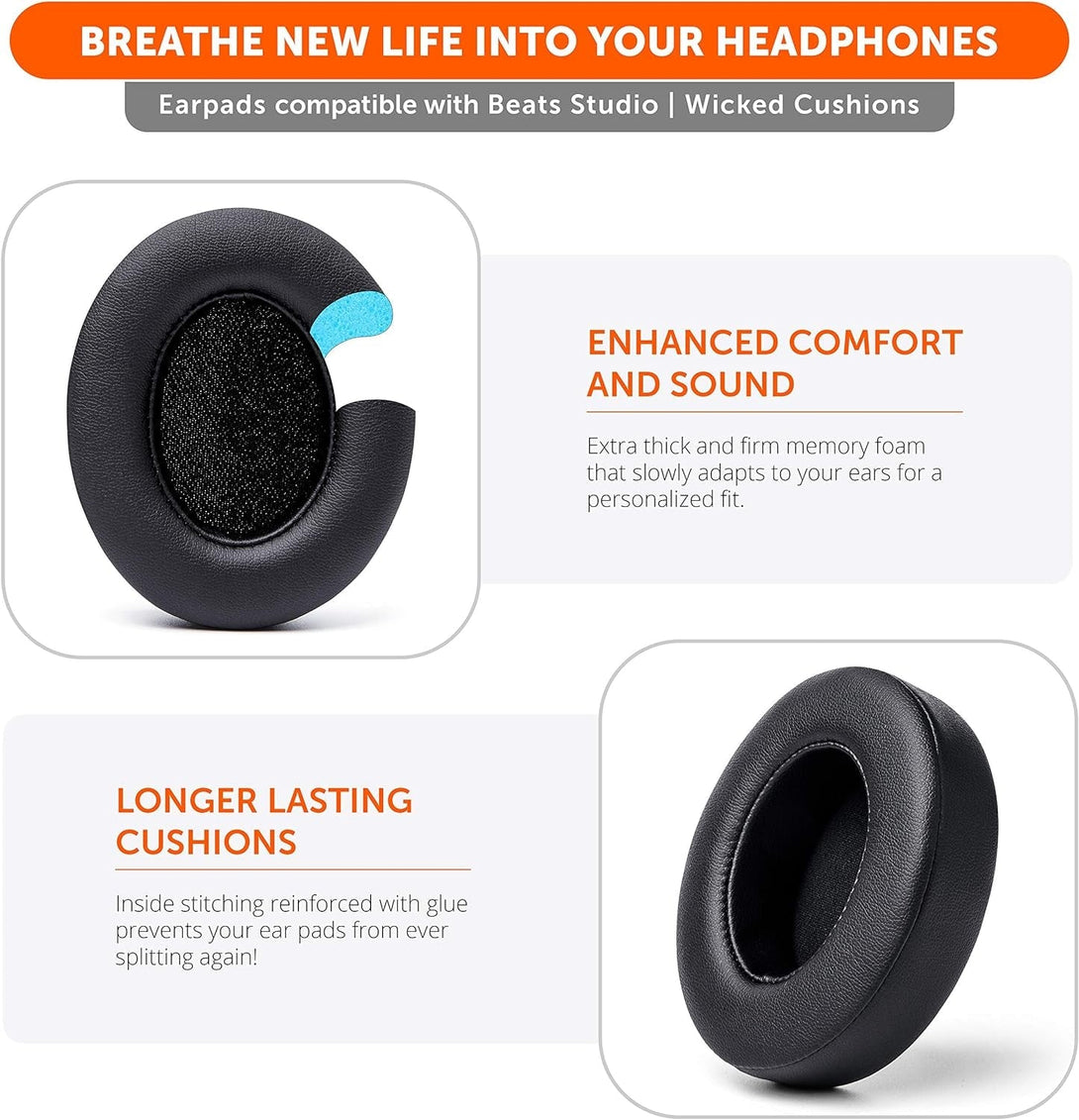 WC Wicked Cushions Replacement Ear Pads for Beats Studio 2 & 3 (B0501, B0500) Wired & Wireless | Does NOT Fit Beats Solo | Softer PU Leather, Enhanced Foam & Stronger Adhesive | Black