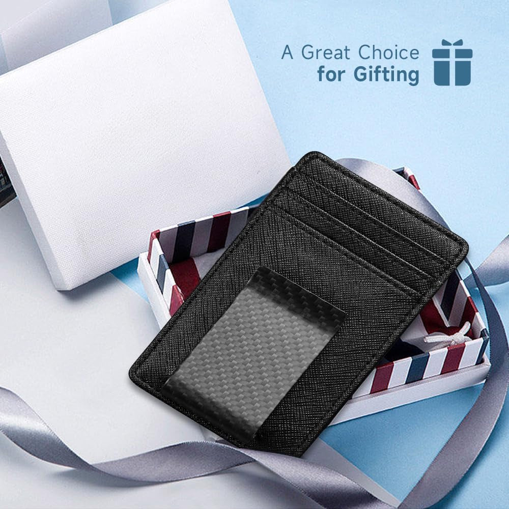 Travelambo Money Clip for Men Wallet Leather Slim Minimalist Card Holder RFID Blocking (Weaved Black) (Black Cros with Matte Clip)